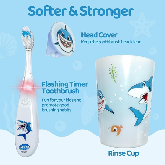 Lily's Home Kids Flashing Timer Toothbrush kids with Soft Bristles, Rising Cup & Cover - Fun 2-Min Light-Up Brushing for Children - Toddler Soft Toothbrush Kit (shark)