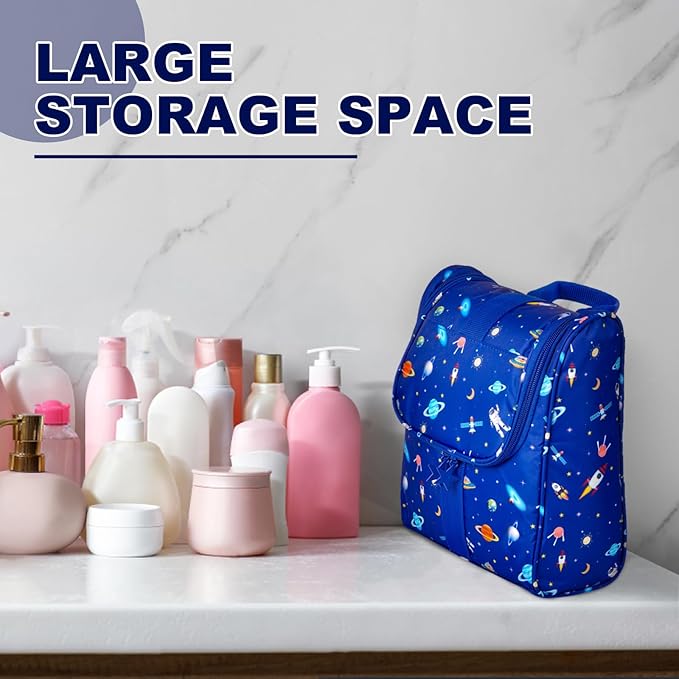 Cute Cartoon Hanging Kids Toiletry Bag Children Travel Cosmetic Makeup Organizer Wash Bag Shower bag Over Night Bag Camping Shaving Kit Bag for Boys & Girls (Astronaut)
