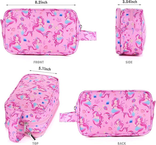 Mermaid Kids Toiletry Bag for Girls, Travel Toiletry Bag for Little Young Girls Cosmetic Bag Makeup Bag Waterproof Hanging Wash Bag Toddler Toiletries, Pink