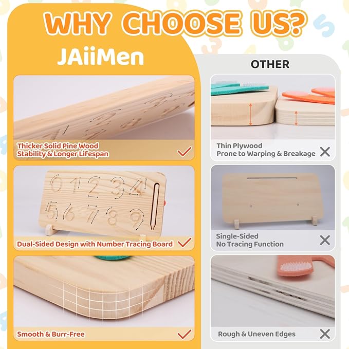 Montessori Learning Toys for Toddlers 2-4, Double-Sided Finger Counting & Number Tracing Board, Colorful Number Blocks, Solid Pine Wood Educational Math Toy for Kids Boys Girls Ages 1 3 5 Year Old