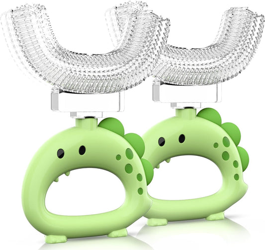 U Shaped Toothbrush - for Kids, Manual Whole Mouth Toddler Toothbrush Age 2-4 5 6 & up,Food Grade Soft Silicone Brush, 360° Oral Teeth Cleaning, Good for Dental Health, 2 Green