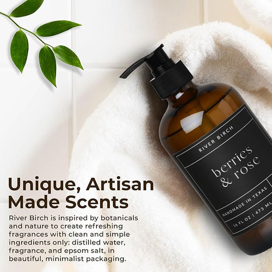 River Birch Berries & Rose Scented Natural Hand Soap - Handmade Soap - Moisturizing Hand Wash with Amber Dispenser - Luxury Scented Hydrating Hand Soap - Vegan and Non Toxic - 16 Fl Oz