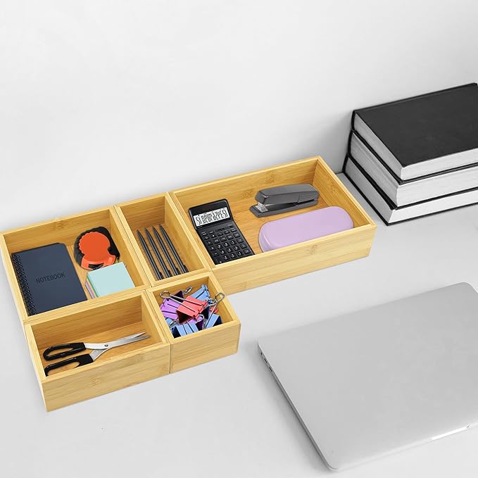 VaeFae 5 PCS Bamboo Drawer Organizers Set, 5-size Wooden Organizer Box, Storage Bins for Kitchen, Bathroom, Office, Bedroom and Living Room