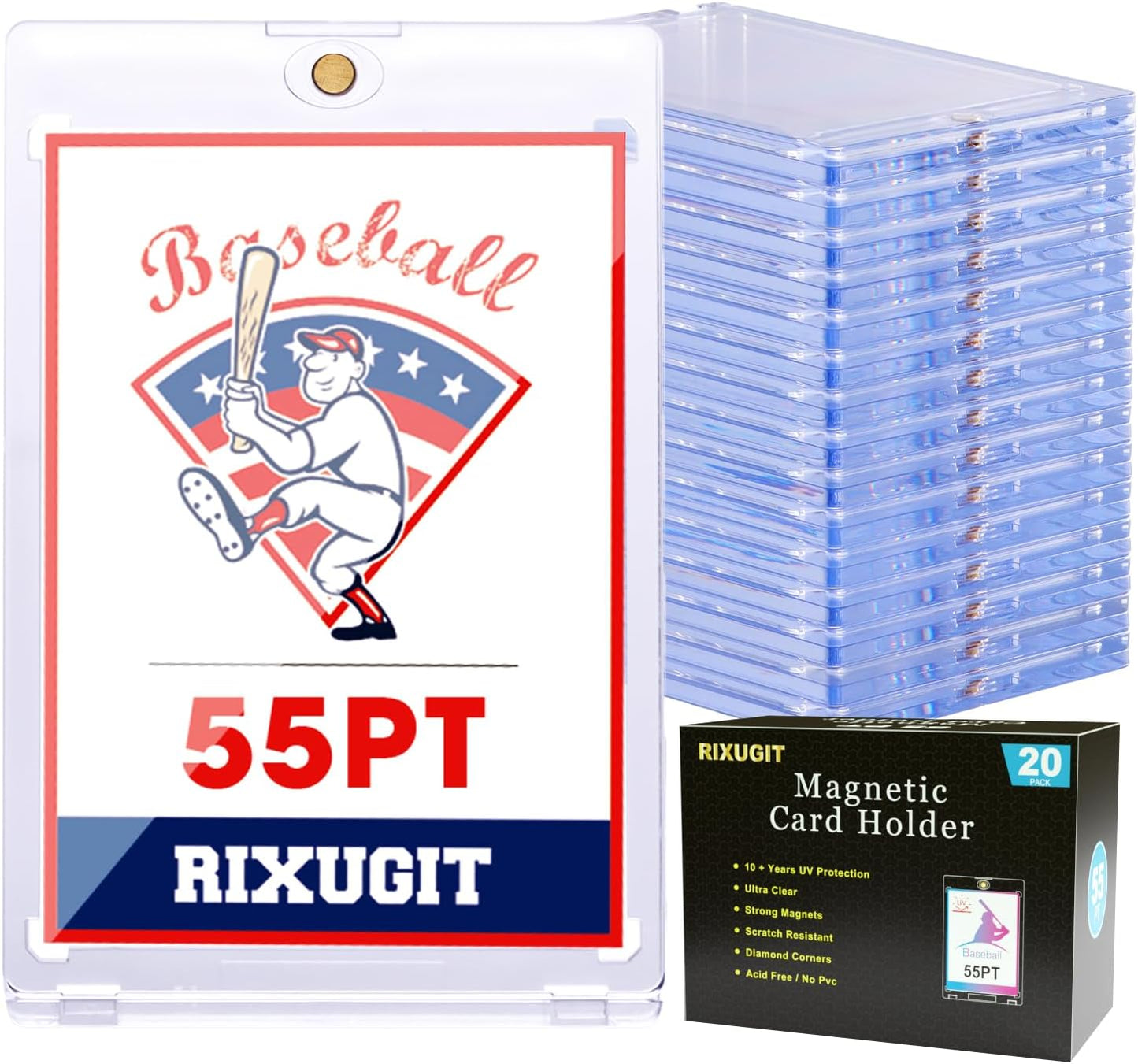 20-Pack Magnetic Card Holders for Trading-Cards - 55PT One Touch Magnetic Card Holder, Magnetic Card Case for Sports Game Baseball Cards, Collectible Trading Card Sleeves Business Card Holders