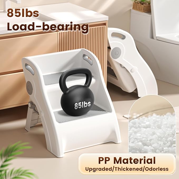 Step Stool for Toddlers – Foldable Toddler Step Stool for Bathroom Sink, 100lbs Load Bearing Non-Slip Kids Stool with Handles and Anti-Tip Design - Potty Training Stool for Ages 2+ (1.Grey)