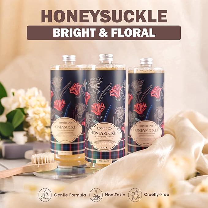 ROMIIE ZOI Foaming Hand Soap Refill Gift Set – Honeysuckle Scent – 3 Pack (1000ML Each) with Dispenser, Gentle & Moisturizing Plant-Based Formula – Bulk Refill Bottles for Bathroom & Kitchen Use