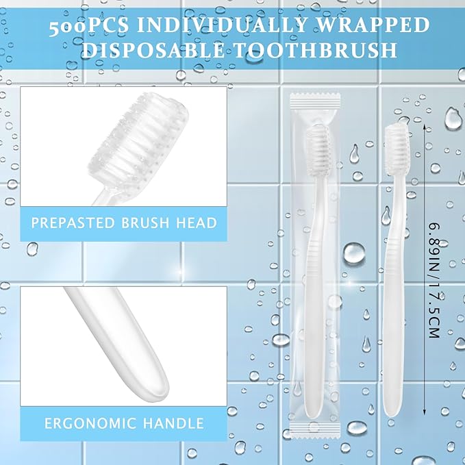 Tioncy 500 Pack Prepasted Disposable Toothbrushes Individual Wrapped Toothbrushes Soft Bristle Travel Toothbrush Single Use Wrapped for Hotel, Camp, Travel and Gift for The Homeless