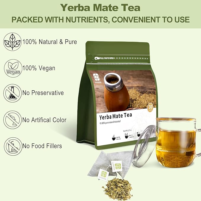luoptea Unsmoked Yerba Mate Tea Bags from Argentina-100 NAtural Energy&Focus herbal Tea|Antioxidant Rich Detox Tea ,Hot or Iced,Eco-Conscious Compostable Tea bags,No suger,No Gluten,Vegan. (30 tea bags)