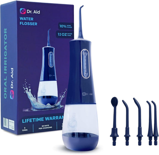 Dr. Aid Dental Water Flosser – Portable Oral Irrigator – 12Oz Tank, Water Filter, 5 Tips, Type C Charger – IPX8 Waterproof Cordless Water Flosser, Ideal Water Flossers for Teeth, Gums, Braces (Blue)