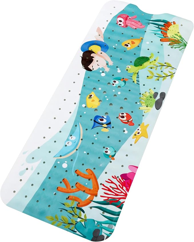 Baby Bath Mat for Tub Kids Non Slip Bathtub Mat Extra Long 40X16 Inch Shower Mat Toddler Anti Slip Bathroom Tub Mat with Suction Cups & Drain Holes (Sea World)