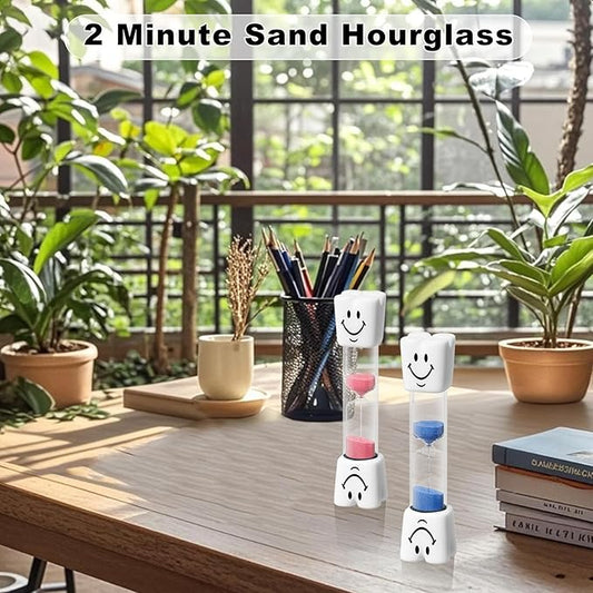 2 Minute Sand Timer for Kids, Small Blue Smiley Acrylic Hourglass Sand Clock Set, Plastic Glass Mini Sandglass for Toothbrush Classroom Games Kitchen (Pack of 2)