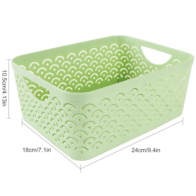 STARVAST 5 Pack Plastic Storage Baskets, Portable Green Fish Scale Pattern Hollow Desktop Storage Bin Box with Handle for Kitchen, Bathroom, Kids Room or Nursery Storage – 9.4 x 7.1 x 4.1 inches