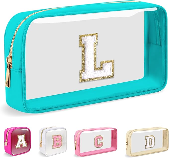 Small Clear Personalized Initial Makeup Bag,Nylon Preppy A-Z Chenille Letter Patch Cosmetic Pouch Beach Toiletry Bag,Waterproof Zipper Travel Purse Storage Bag Organizer for Women Girls(Cyan-White L)