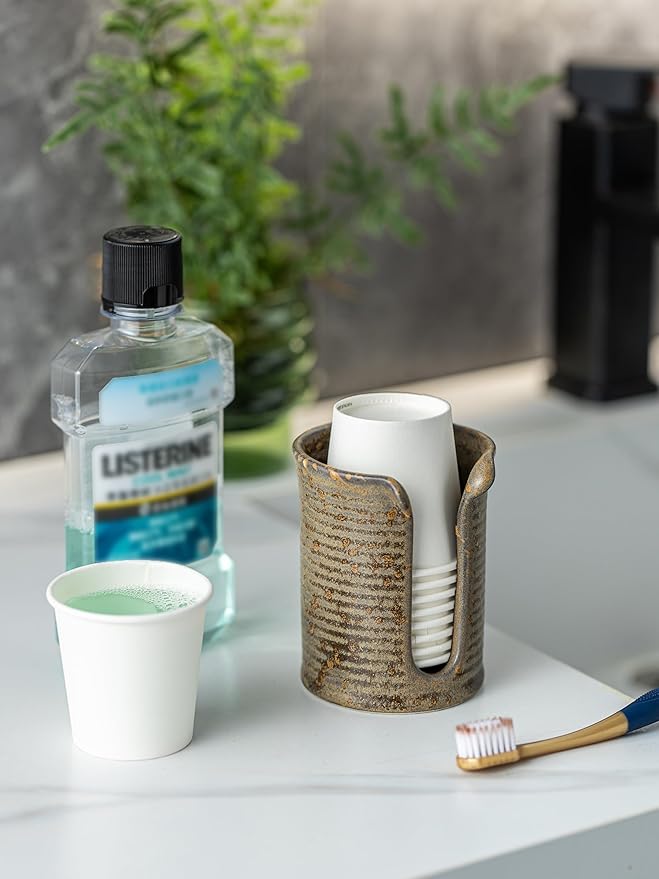 Ceramic Bathroom Cup Dispenser, 3 Oz Mouthwash Cup Dispenser Bathroom Cup Holder for Dixie Cups Rising Cups, Small Disposable Paper Cup Holders, Brown