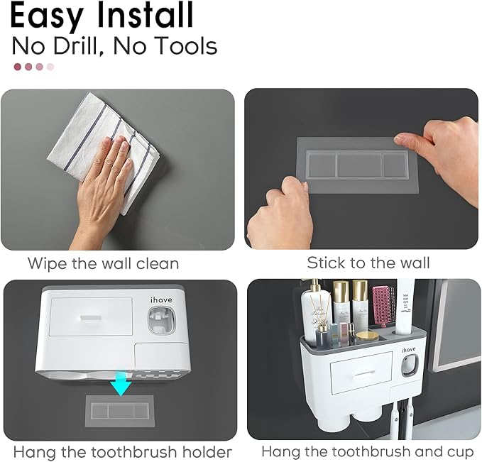 iHave Toothbrush Holders for Bathrooms, 2 Cups Toothbrush Holder Wall Mounted with Toothpaste Dispenser - Large Capacity Tray, Cosmetic Drawer - Bathroom Decor & Bathroom Accessories