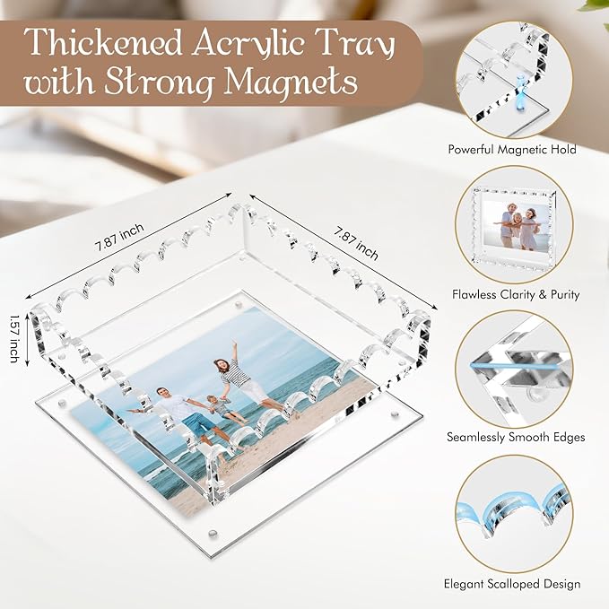 Acrylic Tray with Ultra-Strong Magnetic Mat- Customizable Serving & Display Tray, Clear Scalloped Vanity Jewelry Organizer, Picture Frame Bathroom Tray Decor, Unique Gift for Women Girls