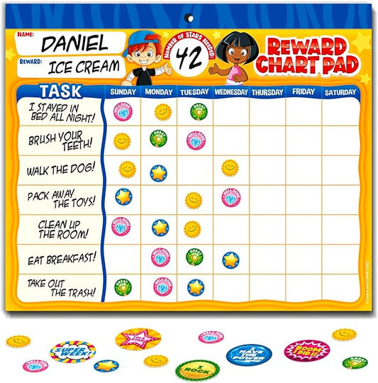 Behavior Reward Chart System - Pad with 26 Chore Charts for Kids, 2800 Stickers to Motivate Responsibility & Good Habits
