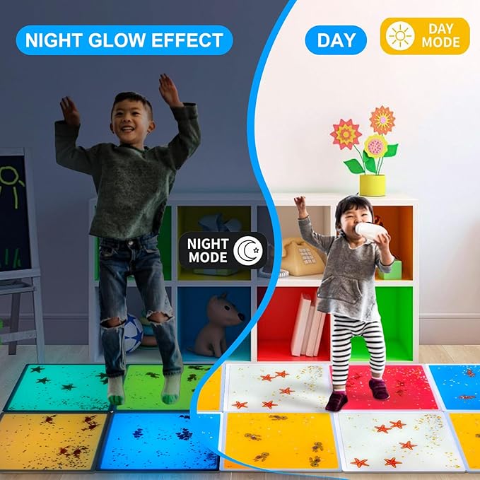 Kids Sensory Liquid Tiles: 11.8" X 11.8", Set of 4 Square Liquid Fusion Activity Playmats with Different Glow-in-The-Dark Colors for Baby, Toddler and Kids Gym, Nursery, Playroom.