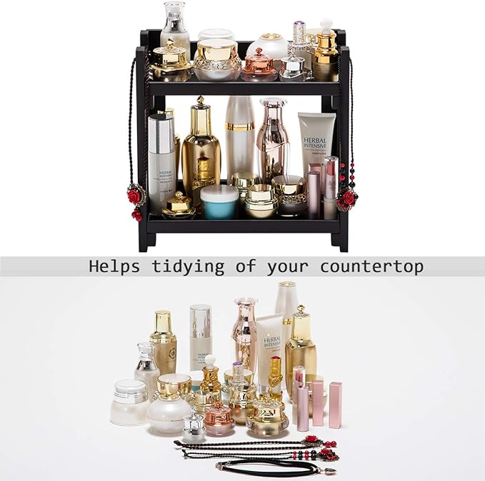 GOBAM Bamboo Makeup Organizer, Black Vanity Storage Box, Multi-Purpose Storage for Skincare, Toiletries and Desktop, 2-Tier Cosmetic Organizer Shelf for Bathroom, Countertop, Kitchen, Office