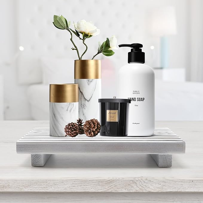 Rustic Bathroom Counter Tray Wood Display Pedesta Stand White Kitchen Countertop Trays Decorative Wooden Riser Dish Soap Dispenser Holder for Bathroom Sink Accessories Kitchen Decor Vanity Tray