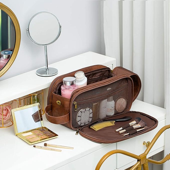 Elviros Toiletry Bag for Men, Large Travel Shaving Dopp Kit Water-resistant Bathroom Toiletries Organizer PU Leather Cosmetic Bags Fathers Day Gift (Medium, Chocolate)