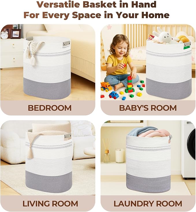 Laundry Basket with Handles - Blanket Basket & Hampers for Bedroom Aesthetic, Laundry Hamper & Blanket Storage for Living Room, Clothes Hamper, Tall, Large 17" x 14" x 22”, Grey