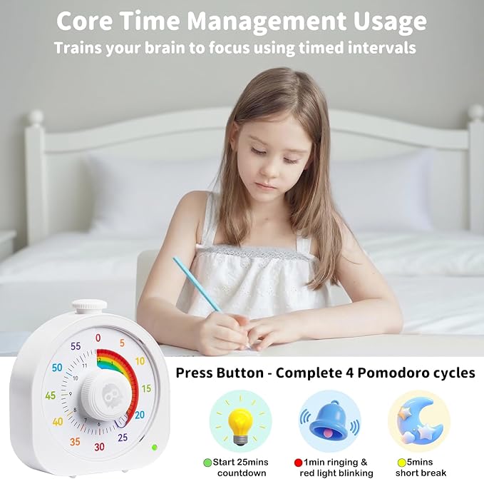 Visual Timer for Kids – 60min/12h Rainbow Magnetic Timer for Classroom, Rechargeable Silent Countdown Timer with Pomodoro Mode, ADHD Time Management Tool