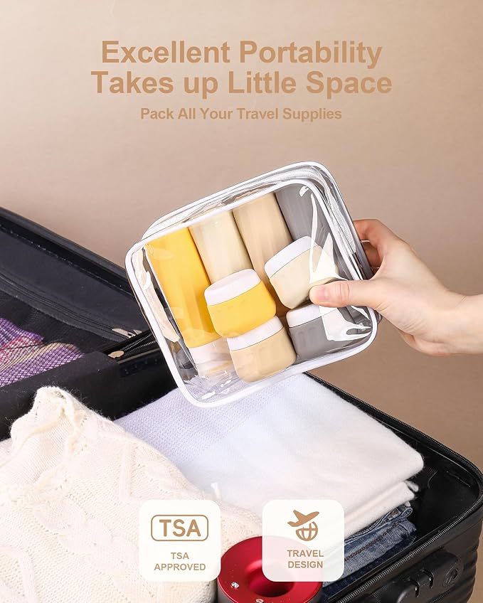 Travel Size Toiletries 8 Pack, TSA Approved 3oz/1oz Silicone Squeezable Creams Jars with Clear Travel Bag