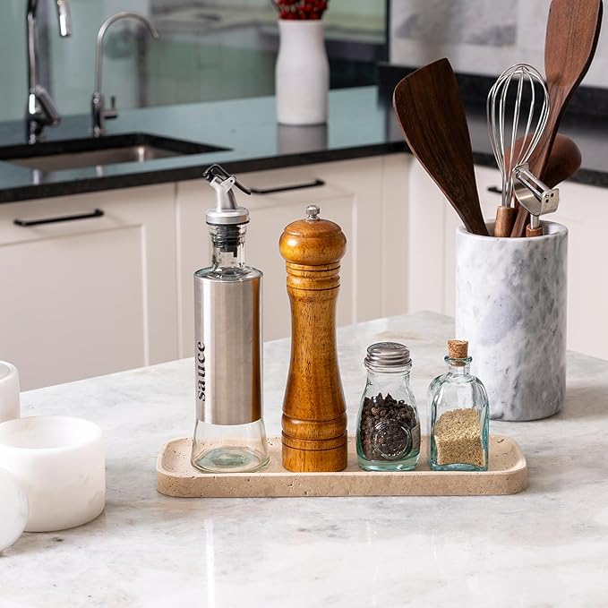 Koville Travertine Tray for Bathroom Sink, 12"x4" Natural Stone Vanity Tray for Kitchen Dresser Countertop, Rectangular Decorative Marble Tray for Jewelry Perfume Trinket(Beige)