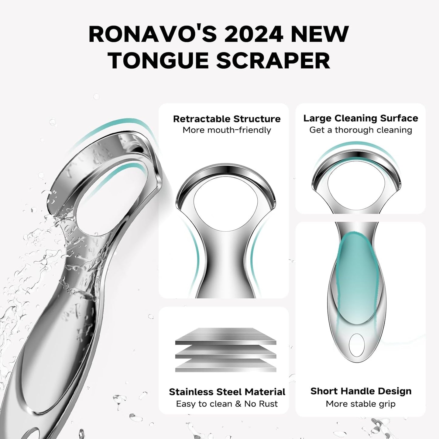 RONAVO Tongue Scraper Tongue Cleaner (New Series) Tongue Scraper for Adults Portable Storage Tongue Coating Removal Bad Breath Care Metal Tongue Scraper with Pink Carrying Case