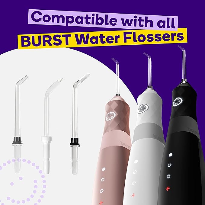 BURST Electric Water Flosser Replacement Tips (Combo/3 Pack) | for Fresh Breath & Healthy Gums | Plaque Removal Between Teeth, Braces & Dental Work