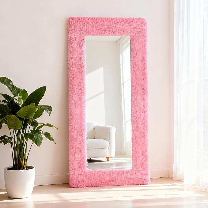Fluffy Full Length Mirror Cover Universal Ultra Soft Non-Slip Border with Adhesive Tape Pink Fuzzy Frame Decor for Standing Mirror Bedroom Cloakroom Home Decor Women Gifts (pink, 59x16 inches)