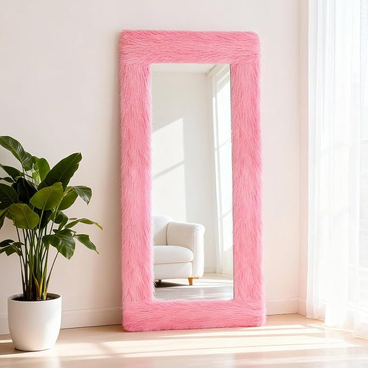 Fluffy Full Length Mirror Cover Universal Ultra Soft Non-Slip Border with Adhesive Tape Pink Fuzzy Frame Decor for Standing Mirror Bedroom Cloakroom Home Decor Women Gifts (pink, 59x16 inches)