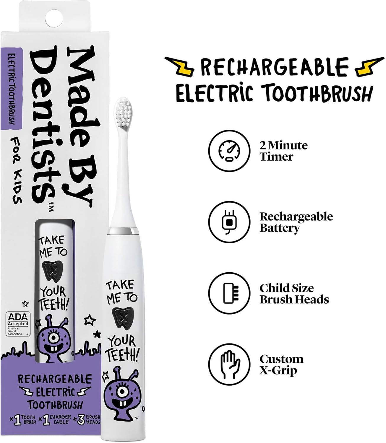 Made by Dentists Kids Electric Toothbrush - Rechargeable Vibrating Toothbrush with Timer, Includes 6 Replacement Heads, Halloween Gifts for Kids, Girls and Boys, Kid & Toddlers Age 2+, Alien