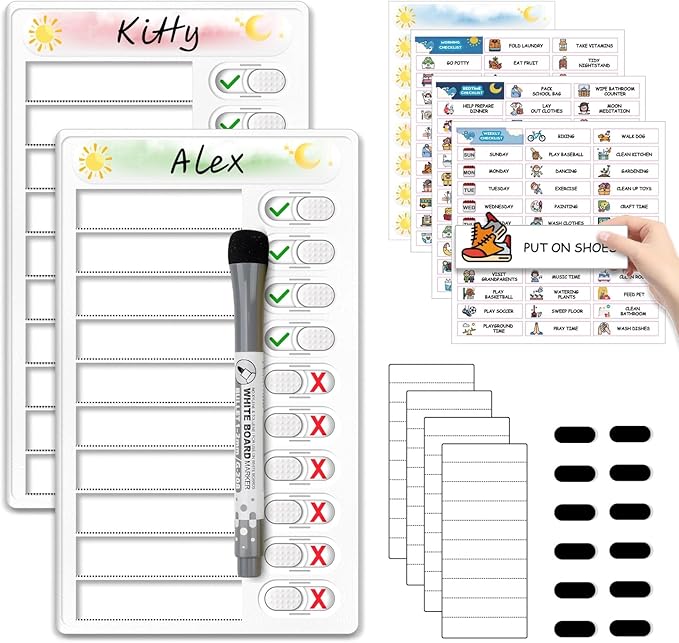 Upgraded Slider Dry Erase Chore Chart for Kids, Whiteboard Magnetic Chore Chart for 2 Kids, Reusable Morning/Bedtime Routine Chart for Kid Toddlers Teens Adult, Visual Schedule for Kid with Autism