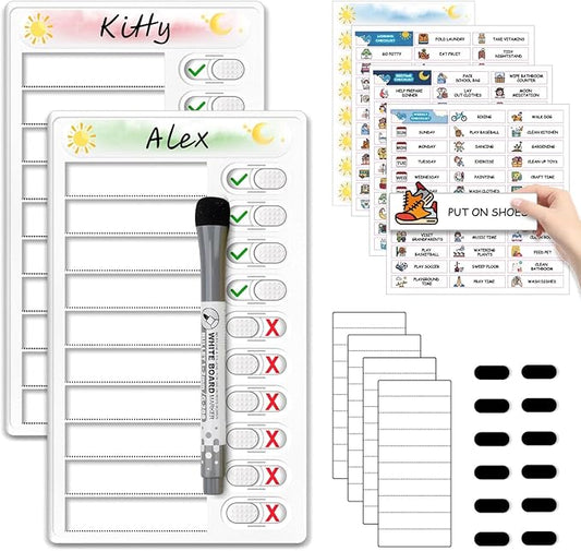 Upgraded Slider Dry Erase Chore Chart for Kids, Whiteboard Magnetic Chore Chart for 2 Kids, Reusable Morning/Bedtime Routine Chart for Kid Toddlers Teens Adult, Visual Schedule for Kid with Autism