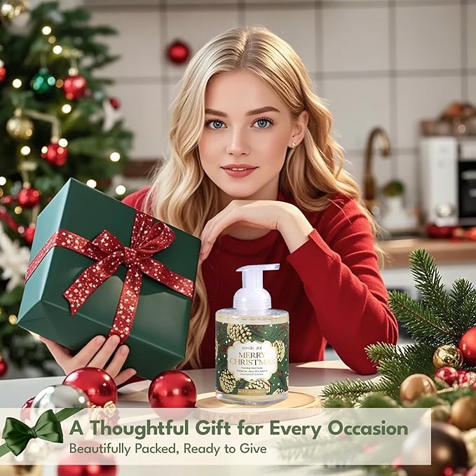 ROMIIE ZOI Christmas Foaming Hand Soap with Gift Box- Merry Christmas Design, Infused with Fresh Balsam Fir Scent -Holiday Bathroom Soap for Winter Decoration and Gifting – 500ml / 16.8oz