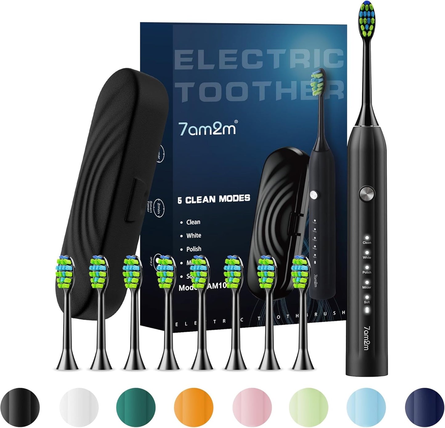 7AM2M Sonic Electric Toothbrush for Adults and Kids, with 8 Brush Heads and Travel Case,5 Modes with 2 Minutes Build in Smart Timer, One Charge Use for 90 Days, Rechargeable Toothbrushes(Black)