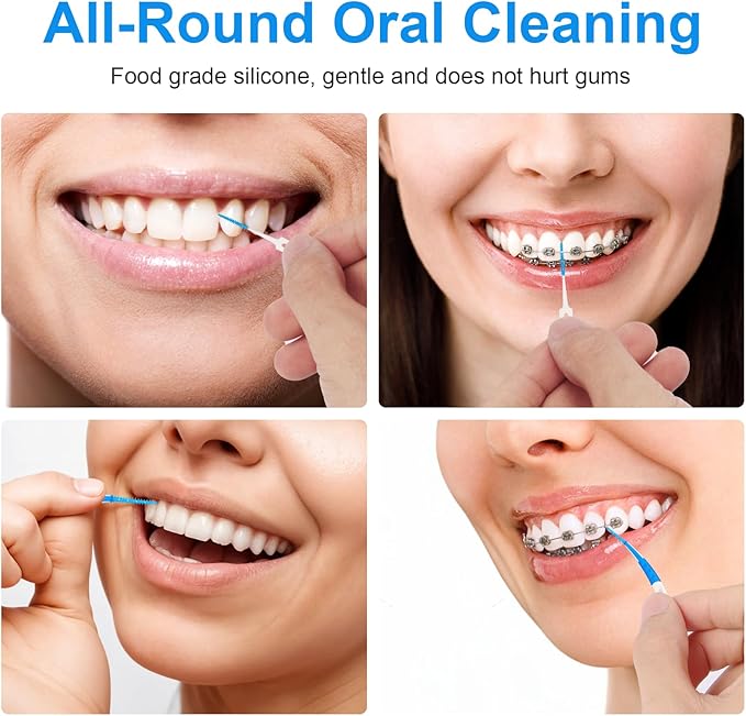 Dental Picks for Teeth Cleaning Health,300 Count Dual-Use Toothpicks,144 Count Angled Disposable Interdental Brushes,Blue