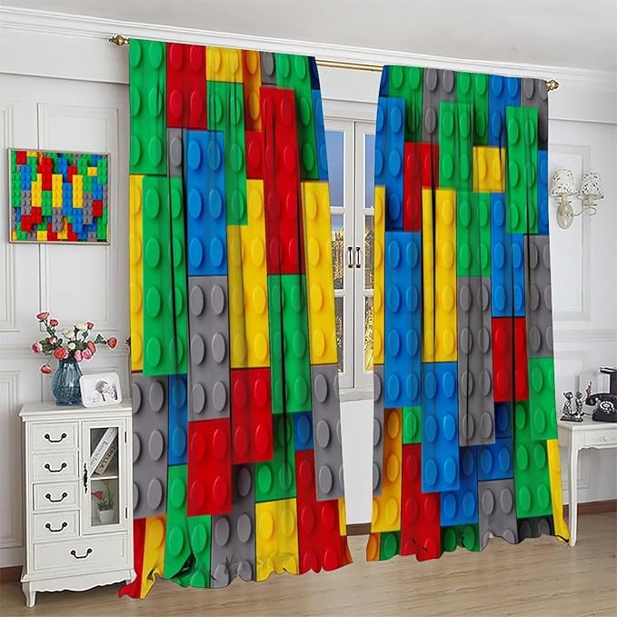 Kids Building Blocks Toy Curtains for Kids Room W84 x L84 Inch Rod Pocket Contour Plastic Colorful Toy Bricks Geometric Print Pattern Curtains for Boys Girls Bedroom 2 Panels