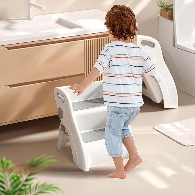 Step Stool for Toddlers – Foldable Toddler Step Stool for Bathroom Sink, 100lbs Load Bearing Non-Slip Kids Stool with Handles and Anti-Tip Design - Potty Training Stool for Ages 2+ (1.Grey)