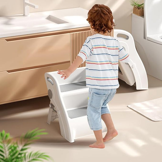 Step Stool for Toddlers – Foldable Toddler Step Stool for Bathroom Sink, 100lbs Load Bearing Non-Slip Kids Stool with Handles and Anti-Tip Design - Potty Training Stool for Ages 2+ (1.Grey)