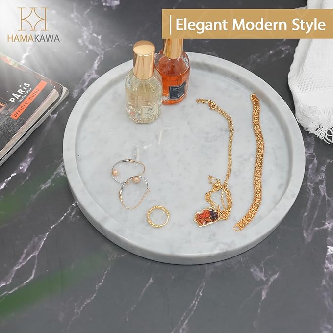 Bathroom Vanity Tray, Large Natural Marble Round Sink Tray 9.5 Inch, Carrara White Limestone Dresser Tray, Modern Countertop Organizer for Soap Dispenser, Kitchen Counter, Home Decor