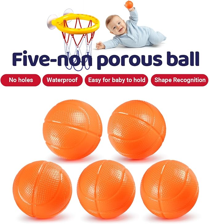 Bath Toys, Bathtub Basketball Hoop for Toddler Kids - 5 Soft No-Hole Balls, Yellow Duck Cartoon Style with Strong Suction Cups, Baby Shower Toy Set for Boys & Girls, Gift-Ready