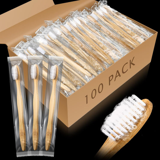 Sliner 100 Packs Prepasted Disposable Toothbrush Bamboo Prepasted Individually Wrapped Pre Pasted Toothbrush with Bamboo Handles Homeless Gift Set for The Homeless (Classic Color)