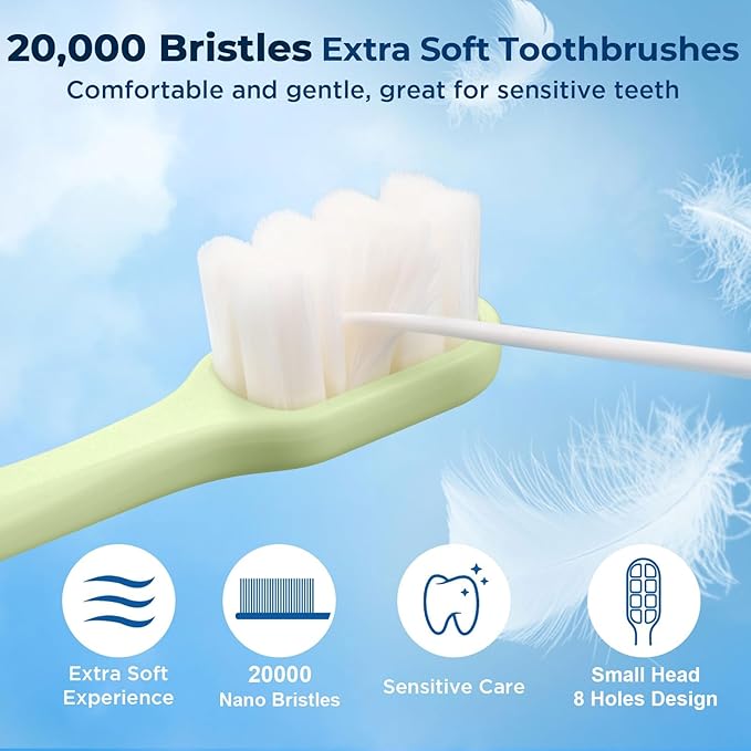 Extra Soft Toothbrushes for Adults Sensitive Gums, Upgraded 20000 Soft Micro Nano Bristles Toothbrush with 8 Holes, Compact Small Head Portable Toothbrush for Pregnant Women, Elderly (6 Pack)
