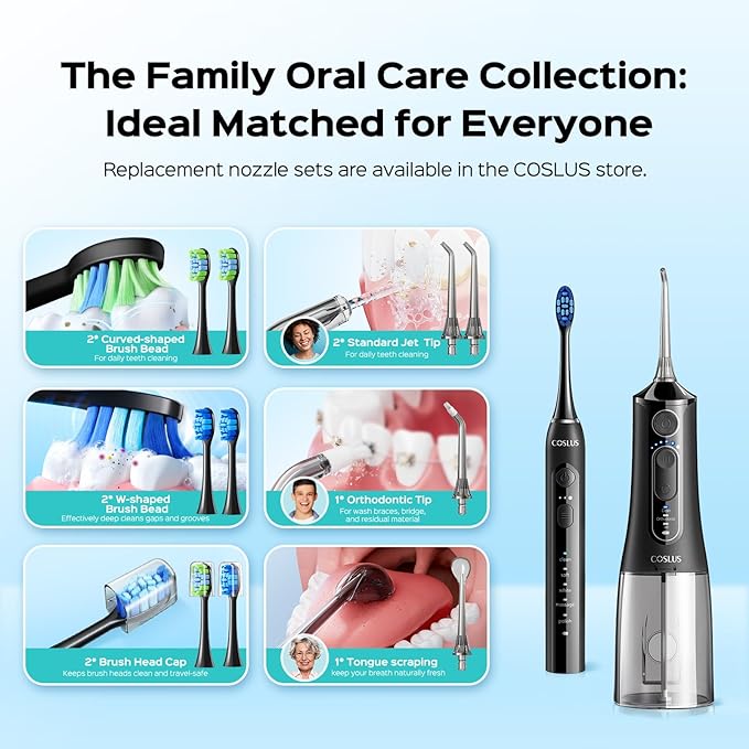 COSLUS Electric Toothbrush with Water Flosser Combo: Portable Oral Clean Kit for Teeth Brushing & Flossing, Multiple Modes for Multiple Users, Cordless for Home & Travel Use, Black, C51C30