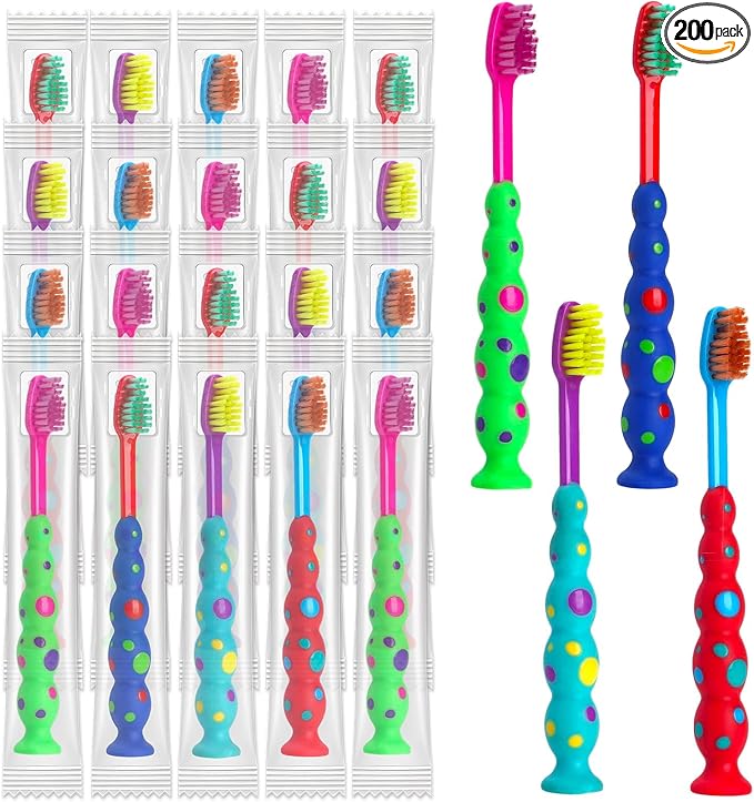 200 Pack Kids Toothbrush Soft bristles Toddler Lovely Toothbrush with Suction Cup Bulk, Includes Travel Covers, Individually Wrapped Toothbrushes for Kid Home School Daycare Camp (Candy)