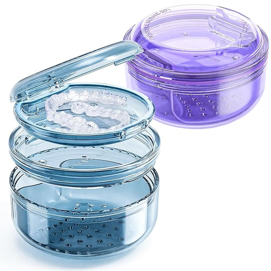 Denture Case, 2PCS Retainer Case with Strainer Basket, 2 in 1 Denture Bath Case No-Leak Retainer Cleaner Case, Retainer Holder for Travel, Mouth Guard Case for Dentures, Clear Braces, Night Guard