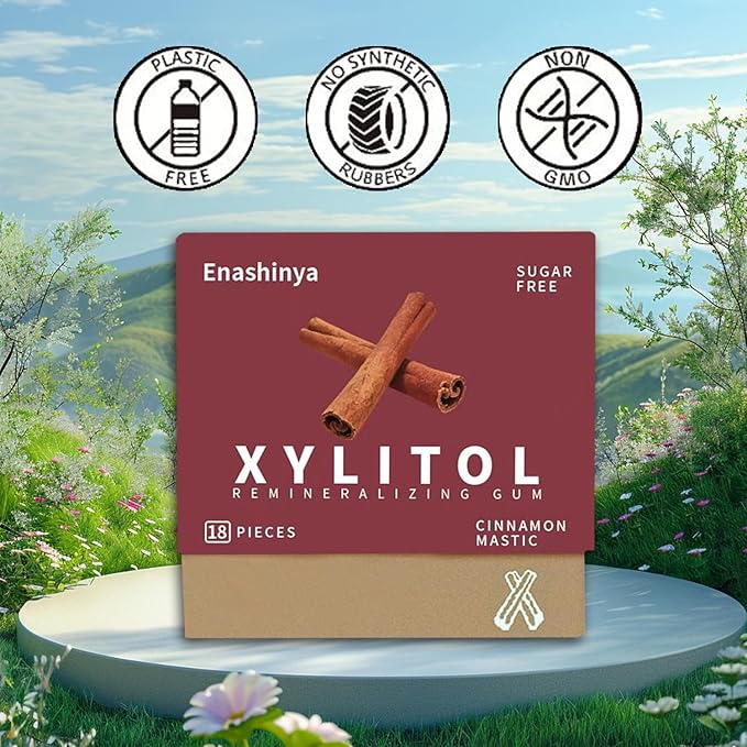 Enashinya Remineralizing Chewing Gum，Organic Mastic Cinnamon Flavor - Remineralizing Chewing Gum with Xylitol，Sugar-Free, Fresh Breath for Enamel Care Teeth & Oral Health （3 Boxes）